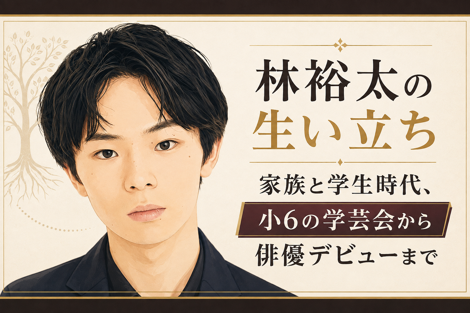 若い男性の人物イラストと、「林裕太の生い立ち」「家族と学生時代、小6の学芸会から俳優デビューまで」の見出しを配置した記事ビジュアル
