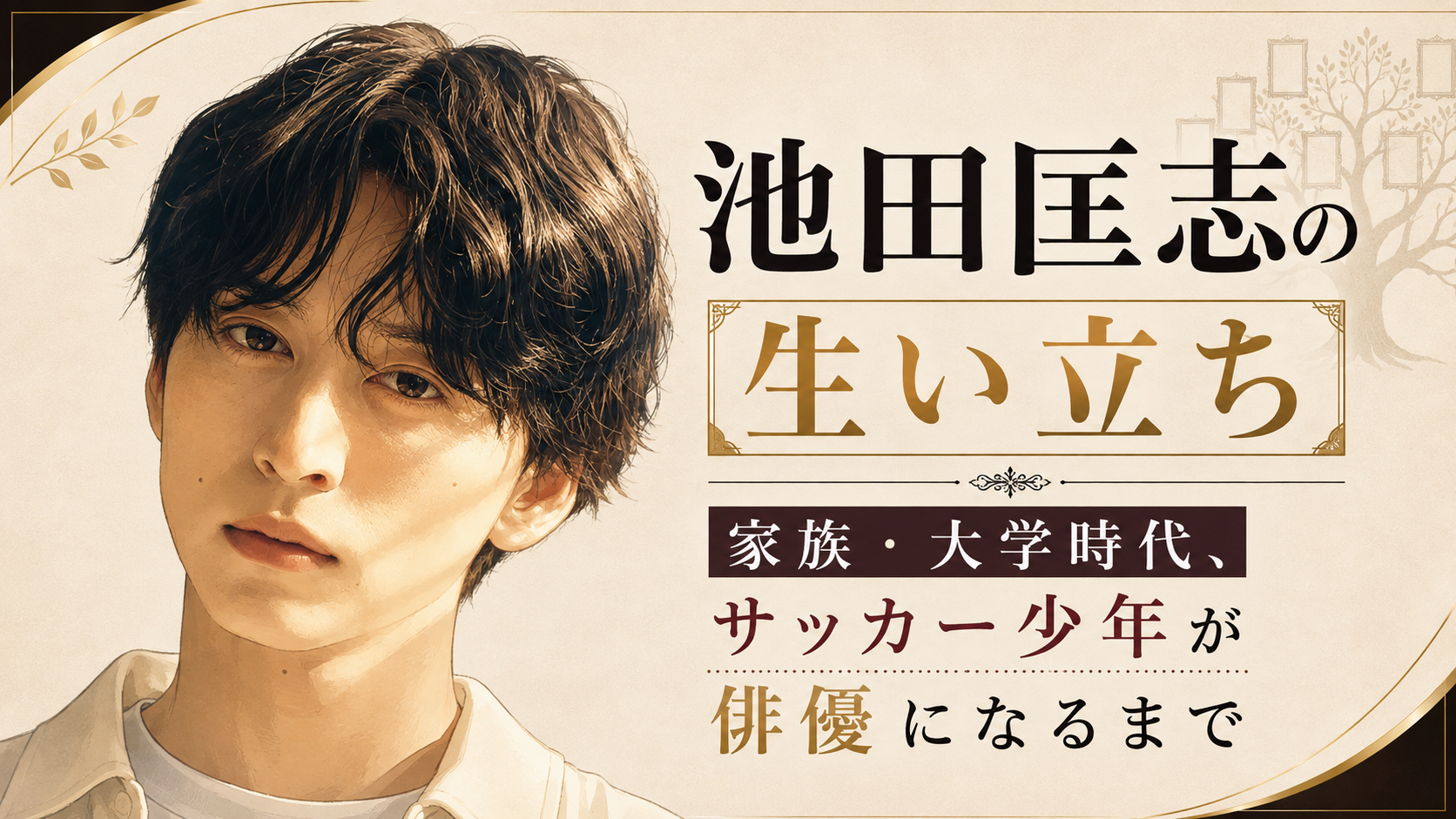 池田匡志のイラストと、家族や大学時代、サッカー少年から俳優になるまでの歩みを示したアイキャッチ画像