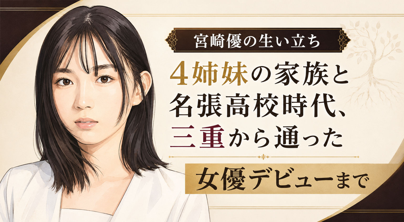 宮﨑優の人物イラストの横に「生い立ち」を大きく掲げ、4姉妹の家族や名張高校時代、女優デビューまでの文字を配置したデザイン
