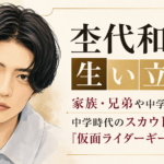 杢代和人の顔立ちを描いた人物イラストと、家族・学歴・スカウトから『仮面ライダーギーツ』までの歩みを示す見出し