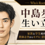左側に中島歩を描き、右側に家族・学生時代と教師志望からモデル・俳優までの歩みを配したイラスト