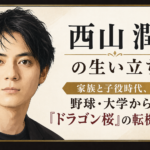 西山潤の上半身をやわらかなフラット調で描き、家族・子役時代から『ドラゴン桜』までの歩みを見出しで示したイラスト