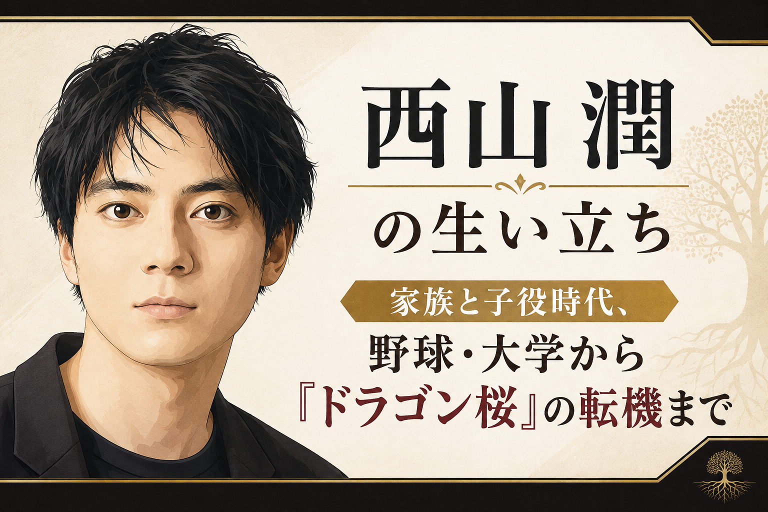 西山潤の上半身をやわらかなフラット調で描き、家族・子役時代から『ドラゴン桜』までの歩みを見出しで示したイラスト