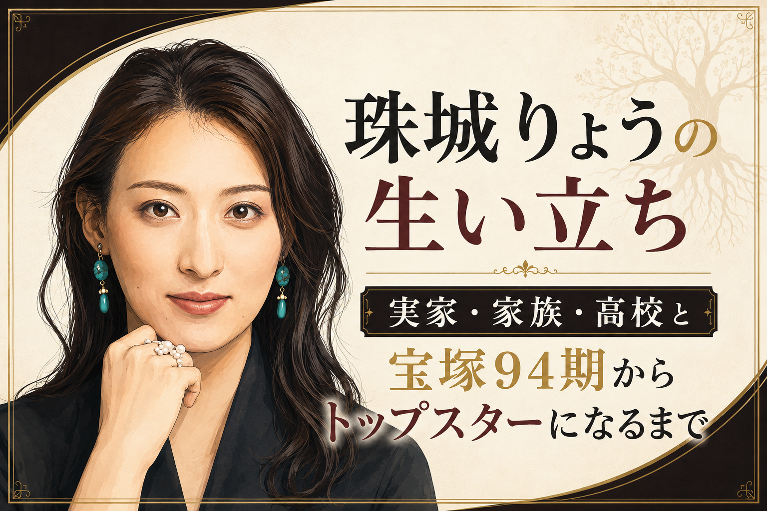 黒髪の女性を左に描き、「珠城りょうの生い立ち」「宝塚94期からトップスターになるまで」と掲げたイラスト