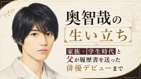 奥智哉のイラストと、生い立ちや家族・学生時代、父の履歴書送付をきっかけとした俳優デビューを示すアイキャッチ画像