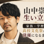 黒髪でひげのある男性を左に描き、「山中崇の生い立ち」「高校文化祭から俳優になるまで」と掲げたイラスト