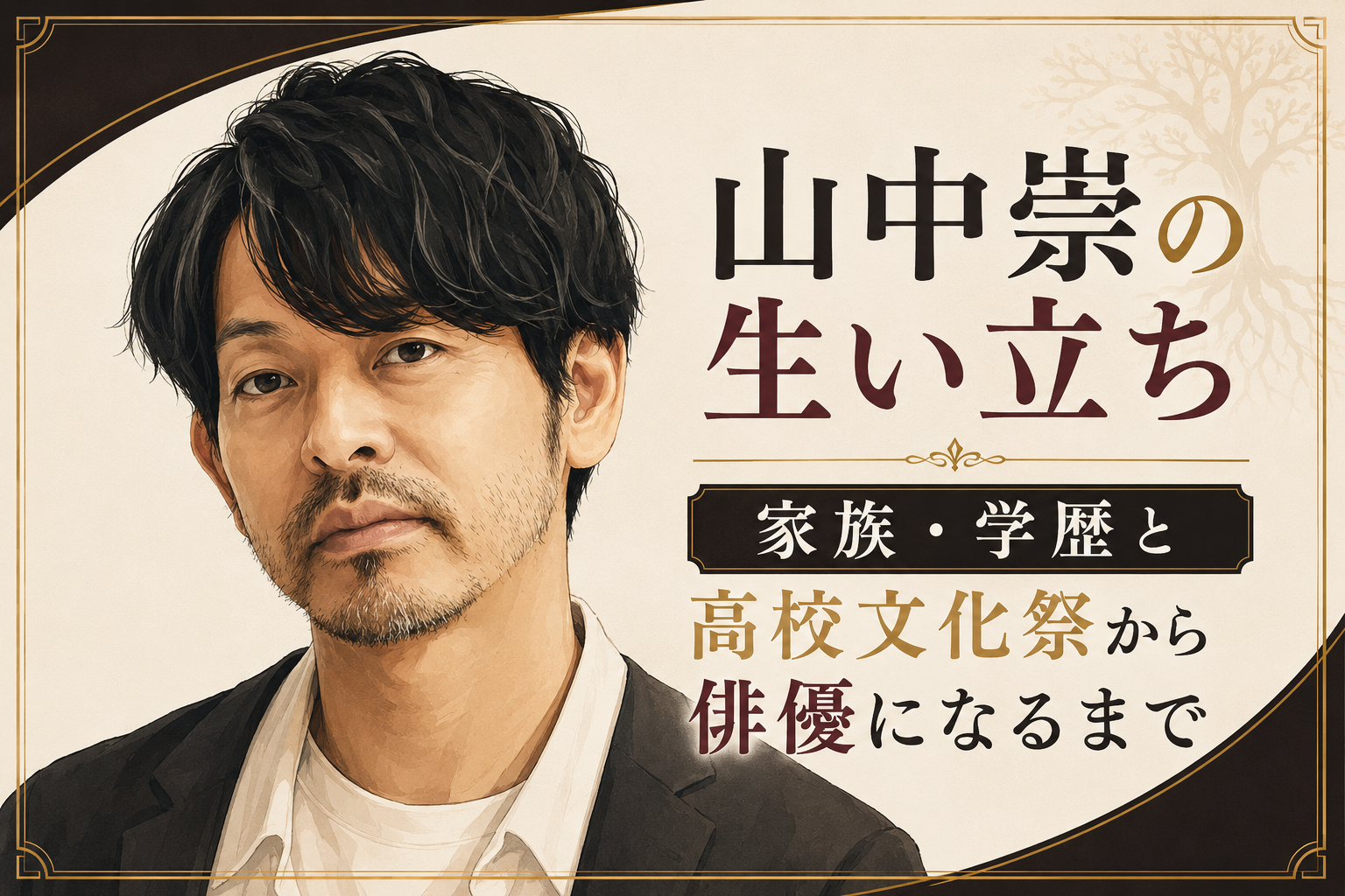 黒髪でひげのある男性を左に描き、「山中崇の生い立ち」「高校文化祭から俳優になるまで」と掲げたイラスト
