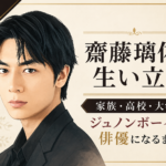 黒いスーツ姿の若い男性を左に描き、生い立ちや家族・学歴から俳優になるまでの歩みを示す人物紹介イラスト