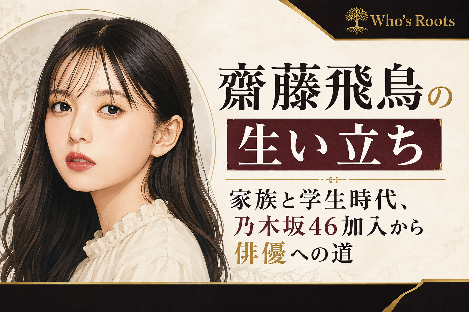 齋藤飛鳥を描いた人物イラストと、生い立ちから乃木坂46加入、俳優への歩みを示す見出し