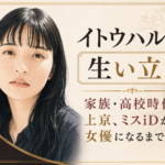 黒髪のイトウハルヒを左に描き、右に「生い立ち」と家族・高校時代から女優になるまでの要点を配した人物イラスト