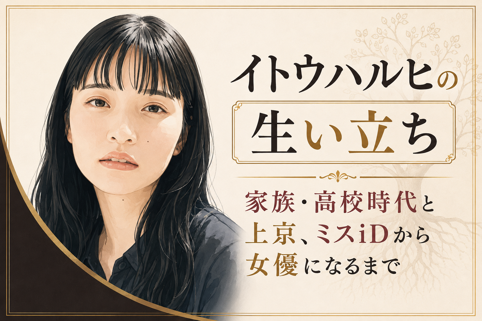 黒髪のイトウハルヒを左に描き、右に「生い立ち」と家族・高校時代から女優になるまでの要点を配した人物イラスト