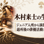 木村来士の生い立ちと俳優への歩みを、ピアノや楽譜、舞台照明、フィルム、根のモチーフでたどる構成