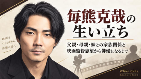 毎熊克哉の人物イラストを左に配し、映画カメラとフィルムのモチーフで家族関係や映画監督志望から俳優へ進んだ歩みを伝える構成