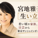 笑顔の宮地雅子を左に描き、アイボリー地に金の装飾と「生い立ち」の見出しを配した人物イラスト