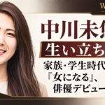 中川未悠の笑顔の人物イラストを左に配し、生い立ちや家族・学生時代から俳優デビューまでの歩みを見出しで示したビジュアル