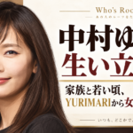 中村ゆりの肖像イラストと「生い立ち」「家族と若い頃、YURIMARIから女優になるまで」の文字