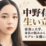 中野有紗の肖像イラストと、「生い立ち」「家族と大学、身長の悩みからモデル・女優になるまで」の見出し