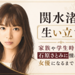 長い茶髪と前髪の関水渚を左に描き、右に「生い立ち」を大きく配したアイボリーとゴールド基調の人物イラスト