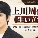 上川周作の人物イラストを左に、家族・学歴から大人計画までの歩みを示す見出しを配したビジュアル