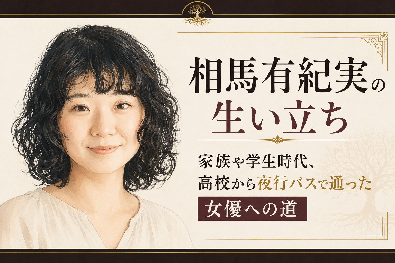 相馬有紀実のやわらかな人物イラストと、家族・学生時代から夜行バスで通った女優への道を示す見出しを配置したビジュアル