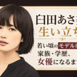 黒髪の女性の上半身イラストを左に、臼田あさ美の生い立ちやモデル時代、家族・学歴、女優までの歩みを示す見出しを右に配したビジュアル