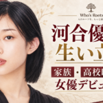 河合優実の生い立ちをテーマに、家族・高校時代から女優デビューまでを示すセミリアル肖像イラスト